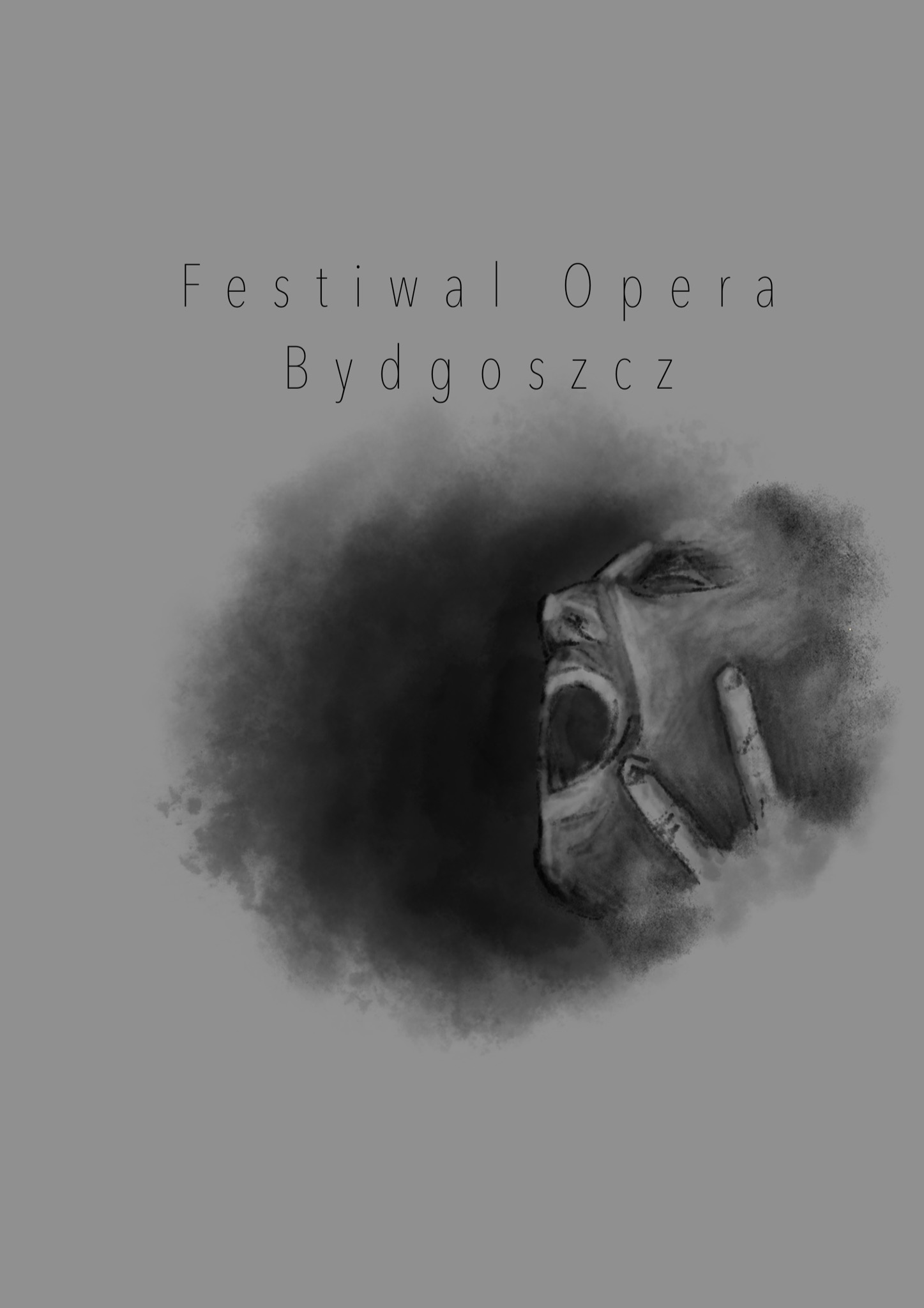 Szkic plakatu na Festiwal Opera Bydgoszcz, przedstawiający ekspresyjny portret krzyczącej osoby z ręką przy twarzy, utrzymany w tonacji szarości.