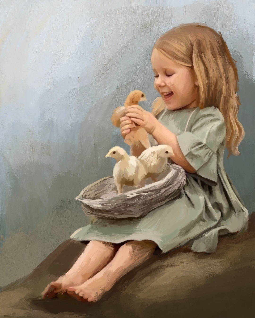 Cyfrowy portret uśmiechniętej dziewczynki trzymającej kurczaka, z dwoma innymi kurczakami w gnieździe obok, w stylu malarskim.