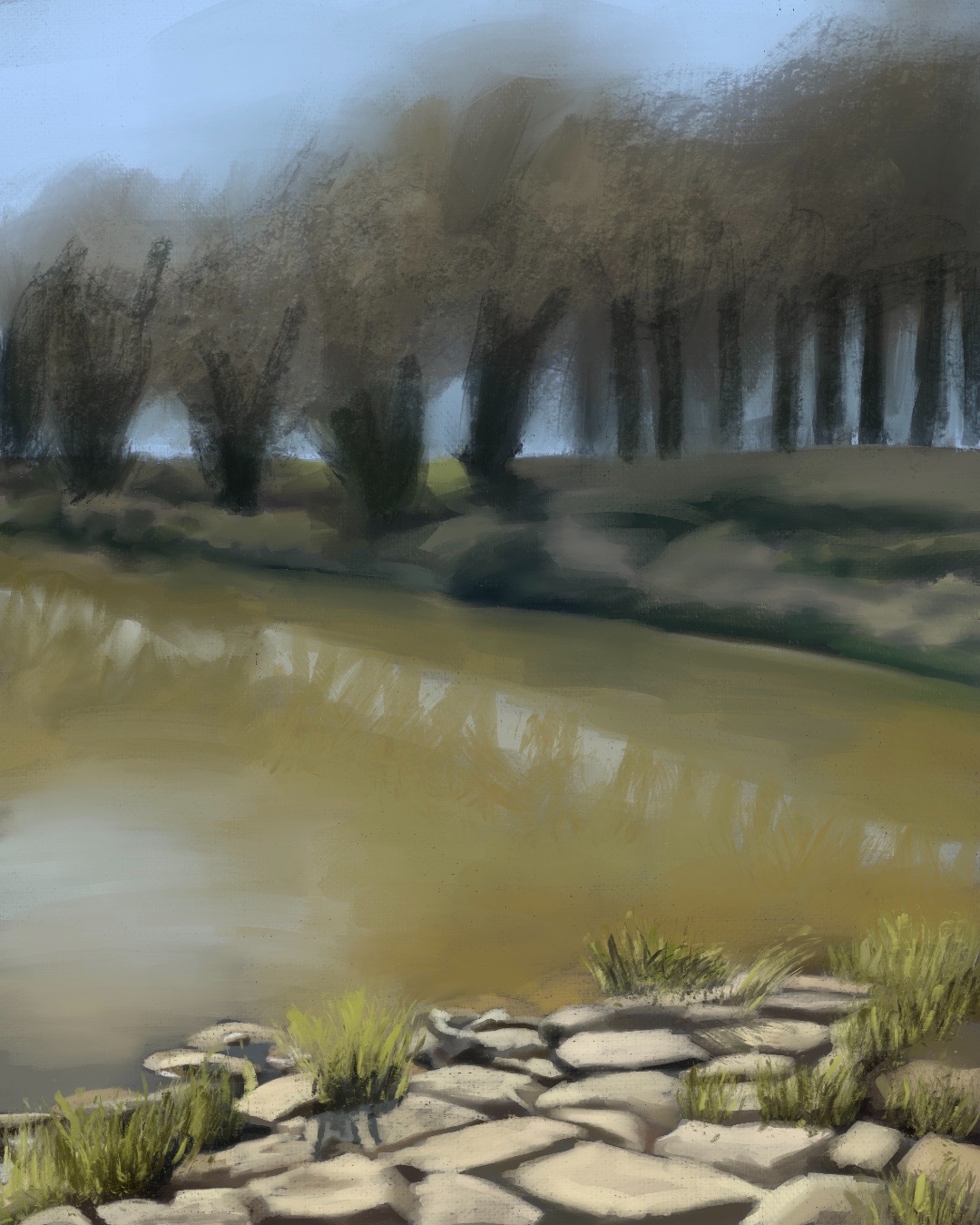 Malarski pejzaż z okolic Poznania przedstawiający rzekę i brzeg wyłożony kamieniami, z drzewami w tle pod zamglonym niebem.