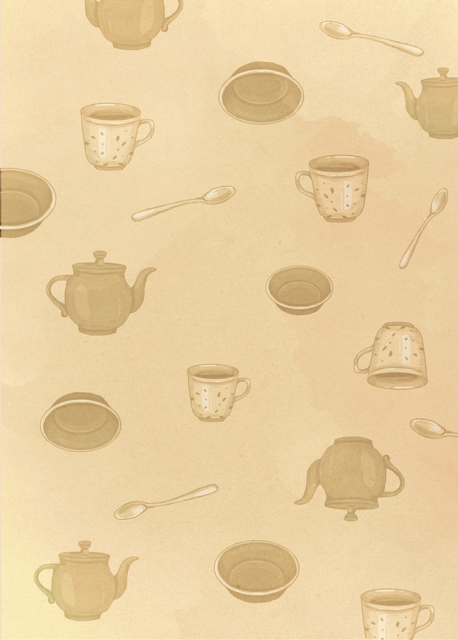 Delikatny, beżowy wzór z ręcznie rysowanymi czajnikami, filiżankami, miseczkami i łyżeczkami, przypominający tapetę lub tło strony internetowej.