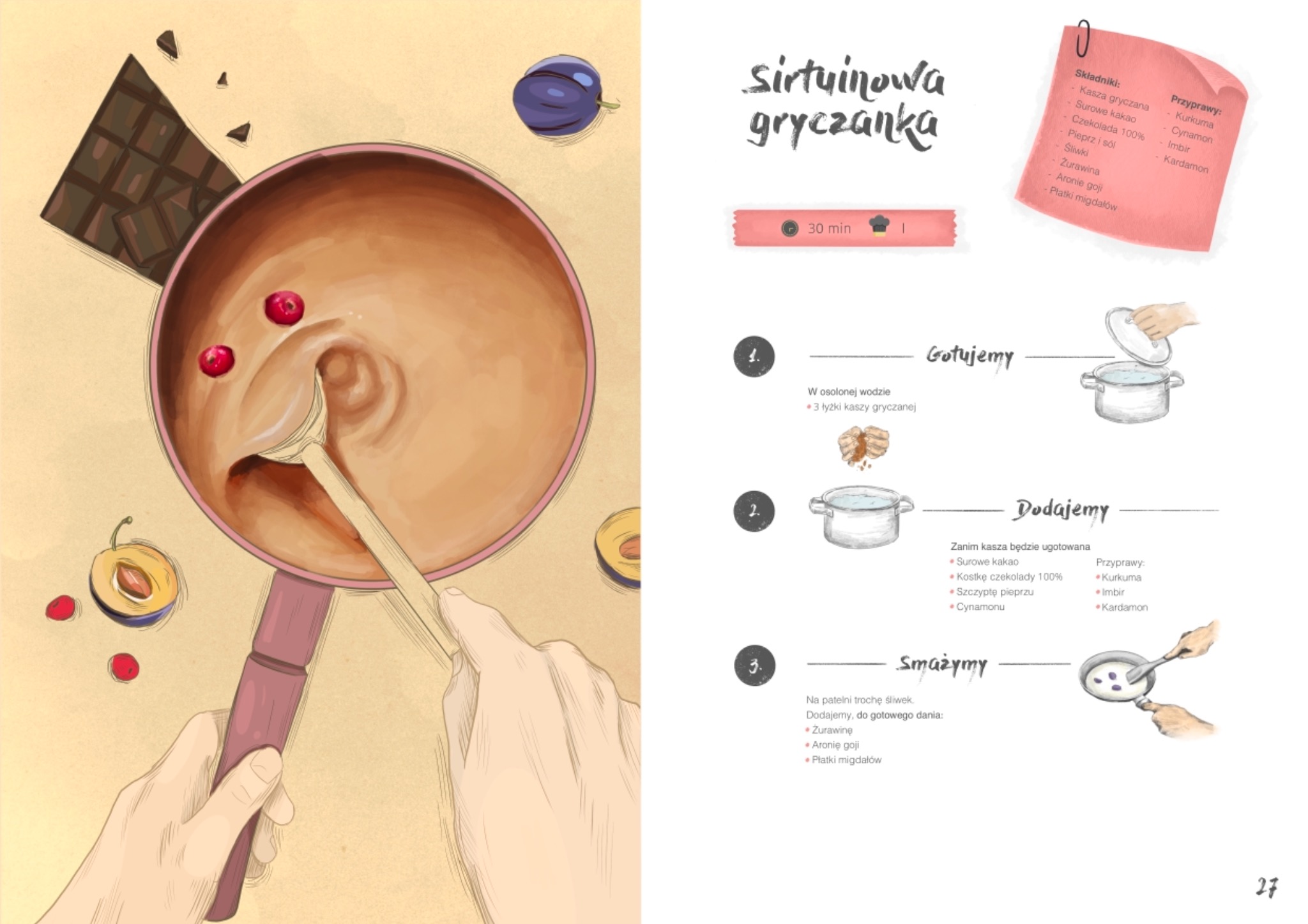 Ilustracja przepisu na sirtuinową gryczankę, pokazująca składniki i etapy przygotowania, w tym gotowanie kaszy, dodawanie kakao i smażenie ze śliwkami.