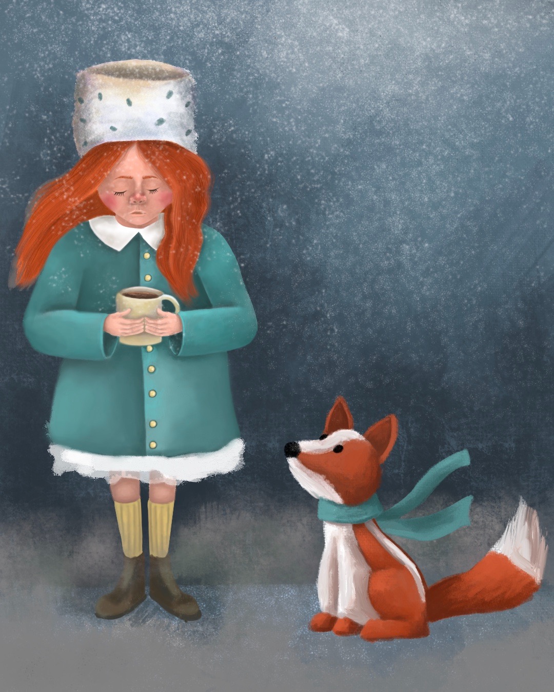 Cyfrowa ilustracja przedstawia rudowłosą dziewczynkę w turkusowej sukience i futrzanej czapce, trzymającą kubek z gorącym napojem, obok siedzi lis w szaliku na tle zimowego krajobrazu.