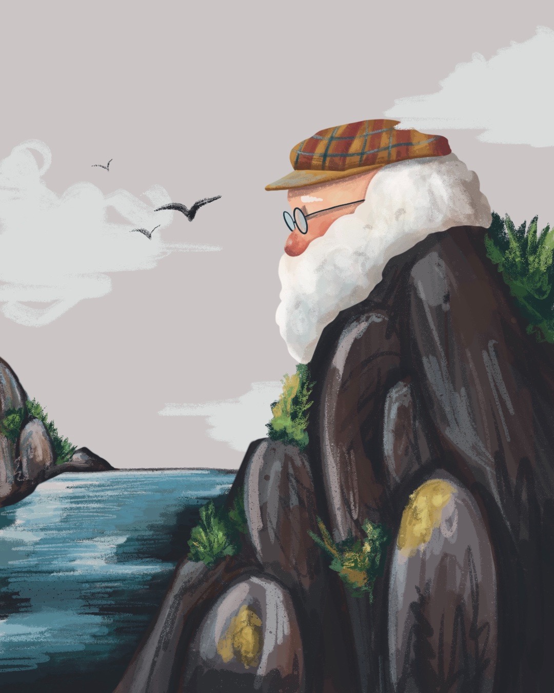 Ilustracja przedstawia starszego mężczyznę z białą brodą i okularami, w czapce w kratę, stojącego na skalistym klifie z widokiem na morze i ptaki w locie.