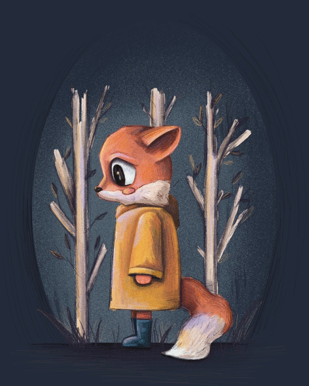 Ilustracja przedstawia antropomorficzną postać lisa w żółtym płaszczu przeciwdeszczowym i niebieskich kaloszach, stojącą na tle stylizowanego, ciemnego lasu z jasnymi, chudymi drzewami.