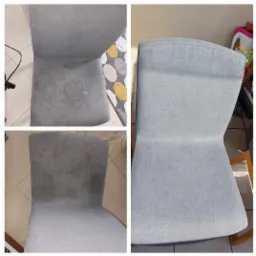 Fotografia kolażowa przedstawiająca krzesło tapicerowane przed i po czyszczeniu, z widocznymi plamami na siedzisku przed zabiegiem.