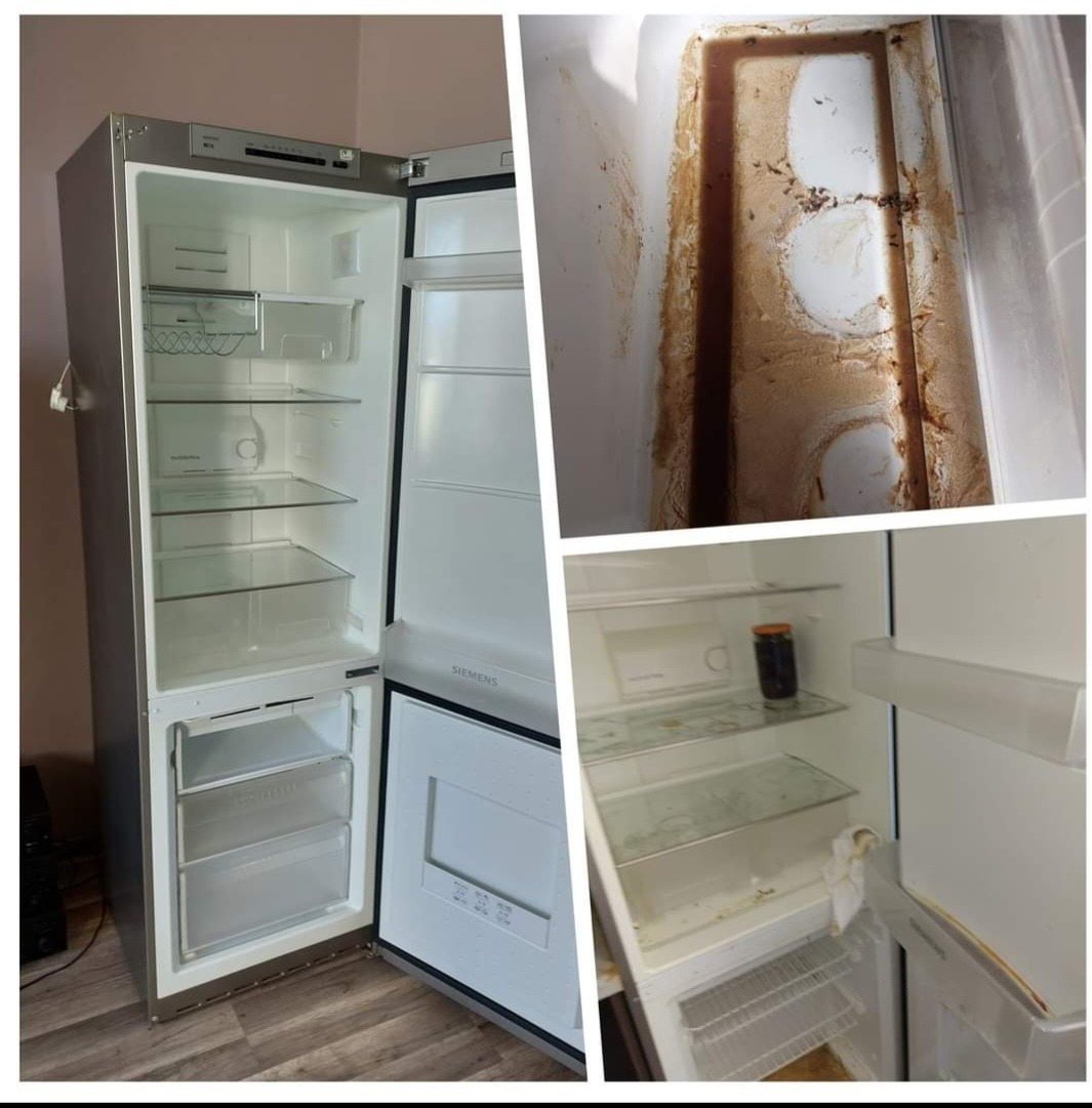 Brudna lodówka Siemens przed czyszczeniem: widoczne zacieki, resztki jedzenia i zabrudzenia na półkach i ściankach. Na jednej z półek stoi słoik z konserwą.