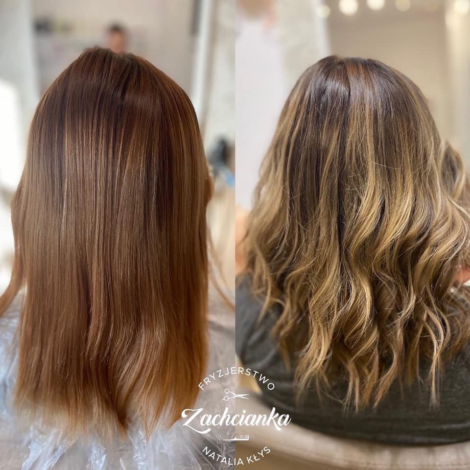 Porównanie włosów przed i po koloryzacji: proste, brązowe włosy przed zabiegiem i pofalowane, blond pasemka po zabiegu, widoczne logo salonu.