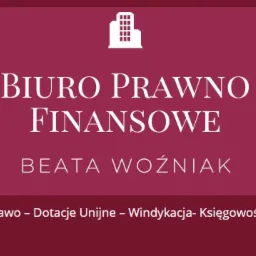 Grafika z nazwą firmy: Biuro Prawno Finansowe Beata Woźniak, z ikoną budynku i informacją o świadczonych usługach: Prawo, Dotacje Unijne, Windykacja, Księgowość, na bordowym tle.