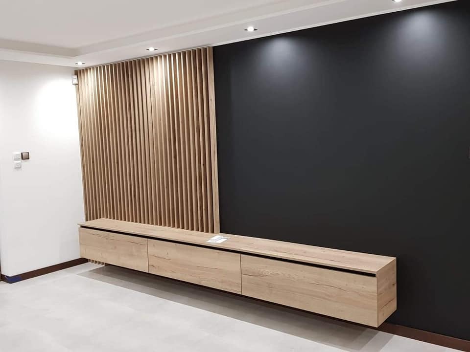 Szafka RTV + lamele naścienne (płyta laminowana )