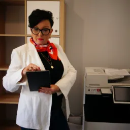 Kobieta w białej marynarce i wzorzystej apaszce przegląda tablet, obok drukarka Canon i regał z roślinami.