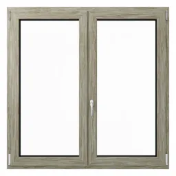 Dwuskrzydłowe okno z ramą w kolorze jasnego drewna, widok z przodu, zamknięte, z widocznymi okuciami i klamką.