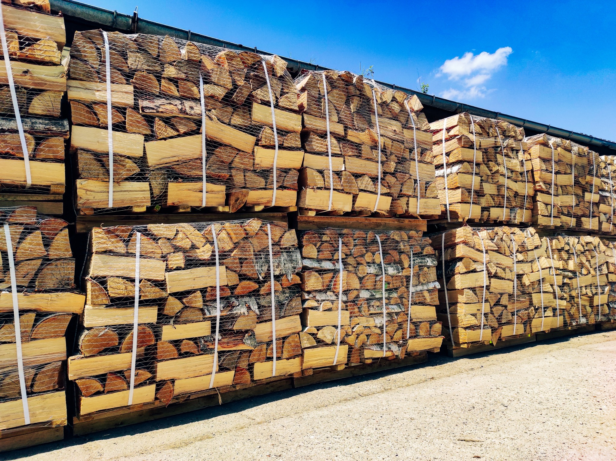 Rząd palet z pociętym drewnem, zabezpieczonych siatką i białymi taśmami, składowanych na zewnątrz pod metalowym zadaszeniem w słoneczny dzień.