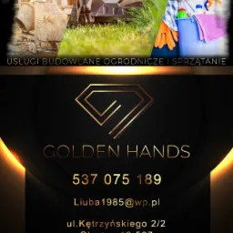 Kompozycja graficzna z trzema obrazami przedstawiającymi usługi budowlane, ogrodnicze i sprzątanie, na dole logo firmy 'Golden Hands' z danymi kontaktowymi na czarnym tle z elementami złotymi.