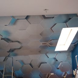 ReMonter - Ściana i sufit wykończone panelami w kształcie szarych sześciokątów z niebieskimi akcentami, widoczna drabina malarska i okno dachowe.