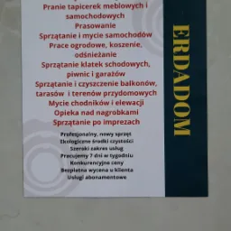 Wizyt&oacute;wka firmy oferującej kompleksowe sprzątanie mieszkań, biur, mycie okien, sprzątanie po remontach oraz inne usługi porządkowe, z logo firmy ERDADOM.