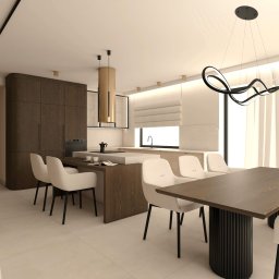 Paulina Teodorczyk - Architektura Wnętrz - Wizualizacja nowoczesnej kuchni z wyspą i jadalnią. Dominują drewniane elementy, białe krzesła i designerska lampa nad stołem. Minimalistyczny styl, ciepłe oświetlenie.