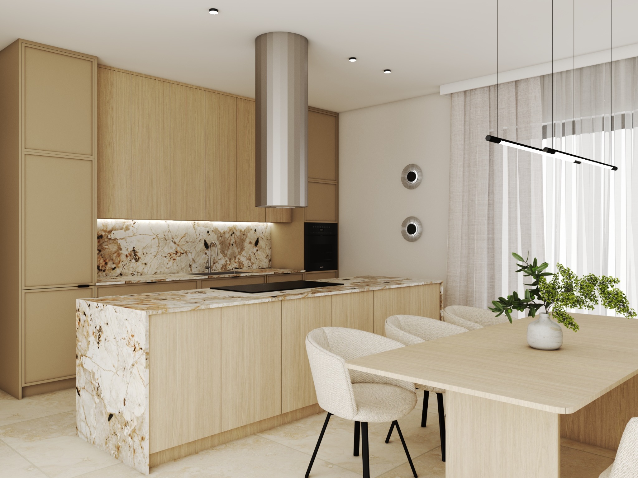 Jasna kuchnia z wyspą i marmurowym blatem, minimalistyczny design, drewniane szafki, okrągłe lampy na ścianie, stół z krzesłami i rośliną w wazonie.