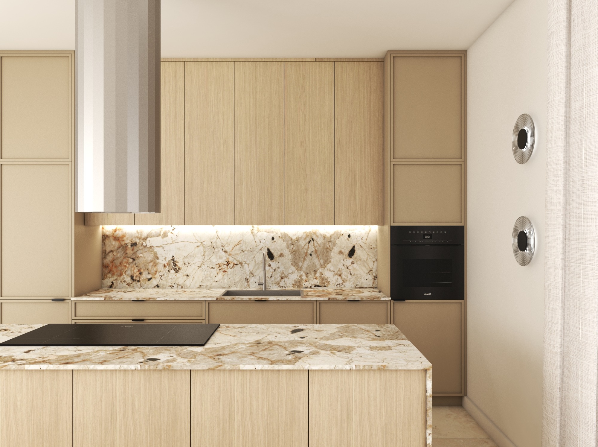 Beżowa kuchnia z wyspą i marmurowym blatem, oświetlona listwą LED pod szafkami. Minimalistyczny okap i dekoracyjne, okrągłe elementy na ścianie.