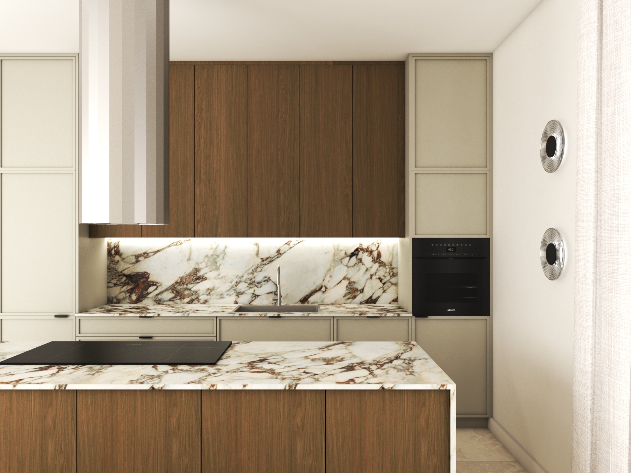 Nowoczesna kuchnia z marmurowym blatem i drewnianymi szafkami. Minimalistyczny design, oświetlenie LED pod szafkami, eleganckie wykończenie. Detale: płyta indukcyjna, piekarnik.