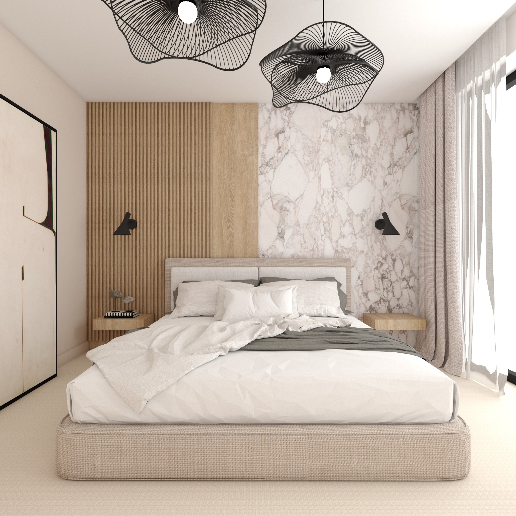 Nowoczesna sypialnia z łóżkiem na platformie, drewnianą ścianą z lamelami i marmurową tapetą. Dwie lampy wiszące o ażurowym designie. Minimalistyczne szafki nocne.