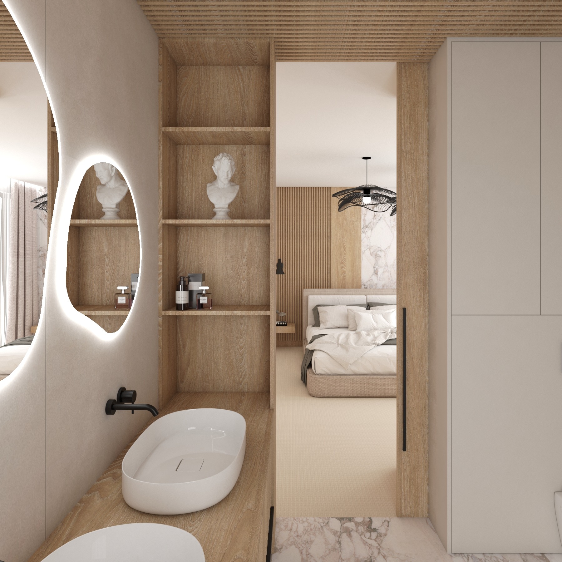 Nowoczesna łazienka z owalnym lustrem z podświetleniem LED, drewnianymi półkami z dekoracjami i widokiem na sypialnię. Minimalistyczny design, jasne kolory, marmurowe akcenty.