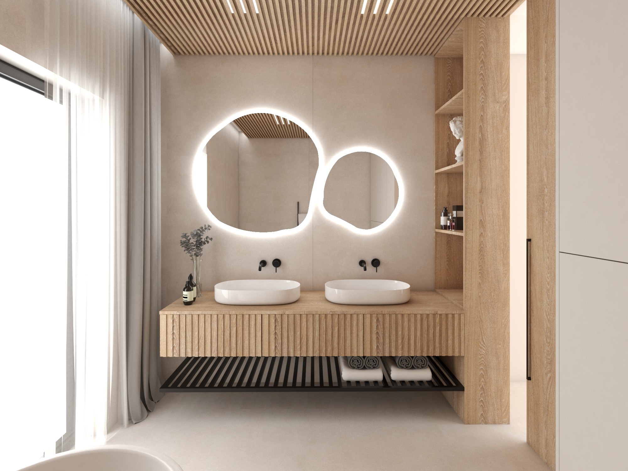 Nowoczesna łazienka z podwójną umywalką, oświetlonym lustrem o organicznym kształcie i drewnianymi akcentami. Minimalistyczny design z subtelnym oświetleniem sufitowym.