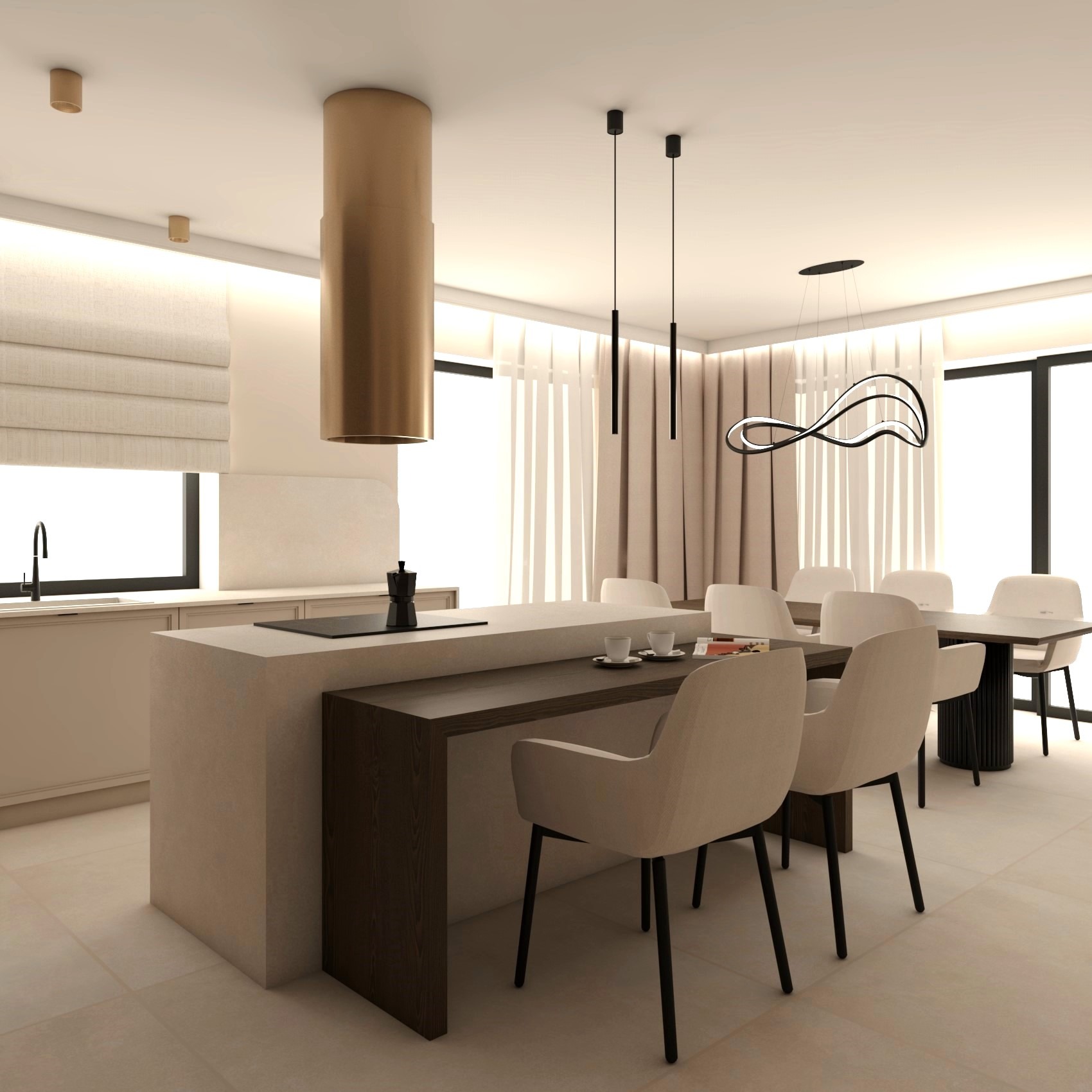 Wizualizacja wnętrza: kremowa kuchnia z wyspą i ciemnym drewnianym blatem, krzesła z beżową tapicerką, nowoczesne lampy wiszące, minimalistyczny design.
