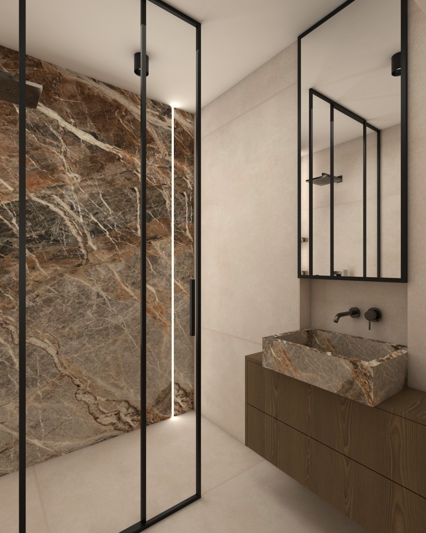 Nowoczesna łazienka z kabiną prysznicową typu walk-in, marmurową ścianą i umywalką nablatową z tego samego materiału. Minimalistyczne czarne ramy i armatura.