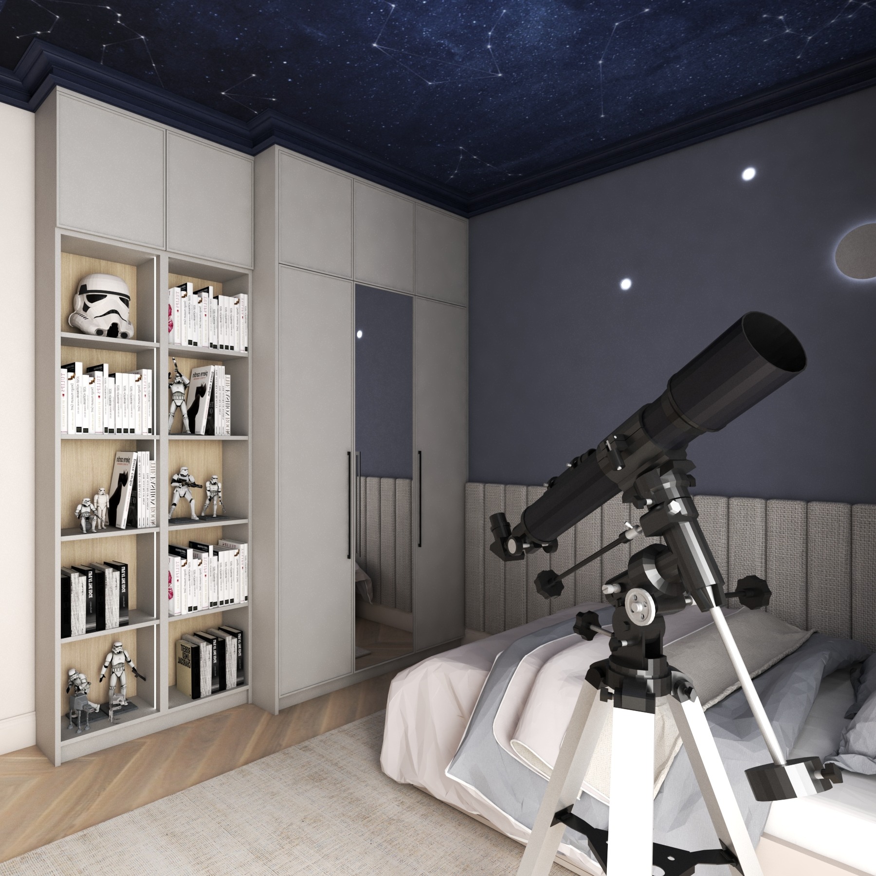 Pokój dziecięcy z motywem kosmosu: ciemnoniebieski sufit w gwiazdy, teleskop, regał z figurkami Star Wars. Aranżacja wnętrza z charakterem.