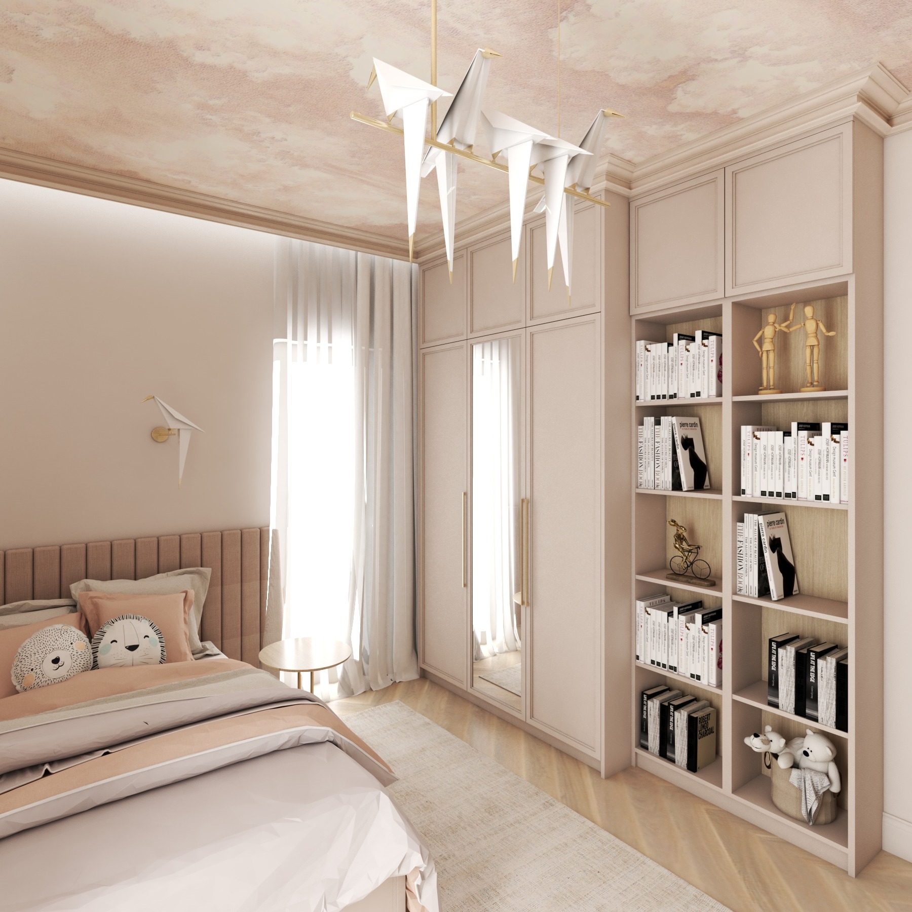 Jasna sypialnia w pastelowych odcieniach z łóżkiem, szafą z lustrem i regałem na książki. Dekoracje w postaci origami i pluszaków dodają uroku.