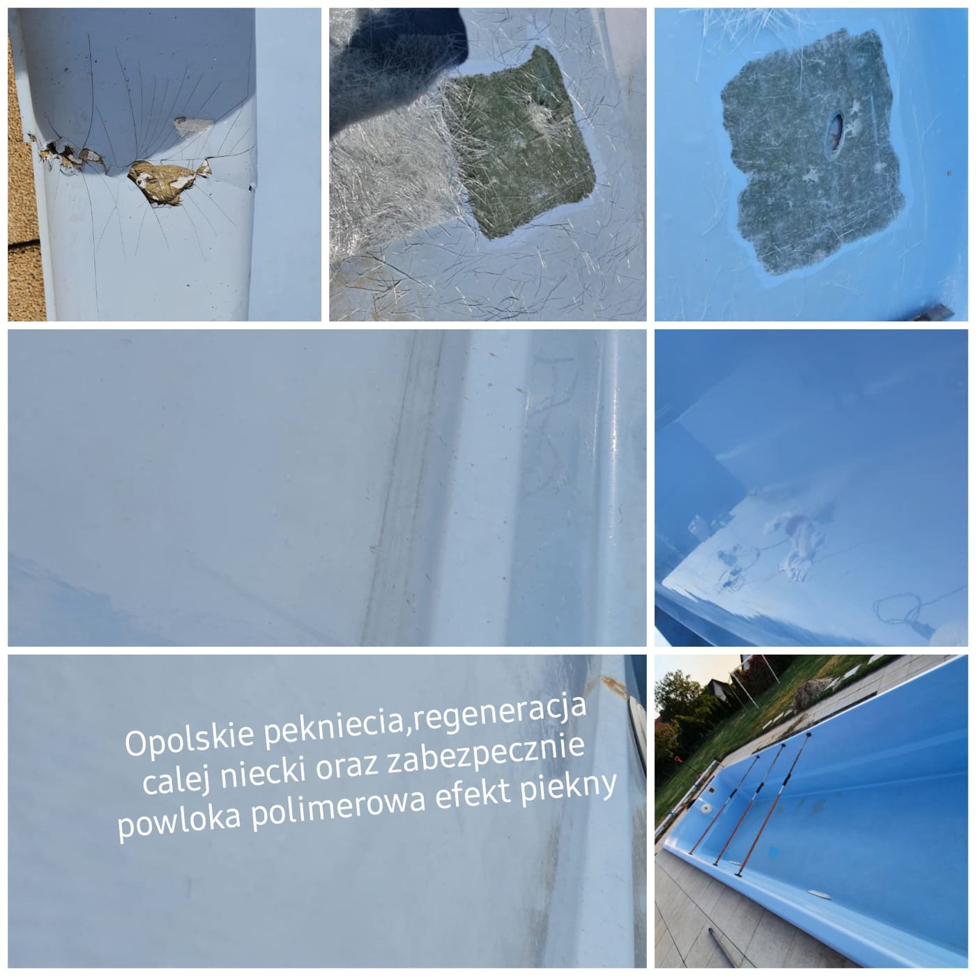 Uszkodzona niecka basenowa w trakcie naprawy: widoczne pęknięcia, ubytki i obszary po nałożeniu żywicy. Górne kadry prezentują detale uszkodzeń, środkowe - fragmenty po regeneracji, dolny prawy...