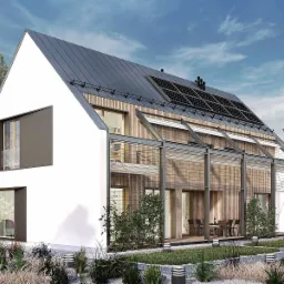 Wizualizacja nowoczesnego domu jednorodzinnego z panelami słonecznymi na dachu, białymi ścianami, drewnianą elewacją i metalową konstrukcją, otoczonego zielenią i niskimi lampami ogrodowymi.