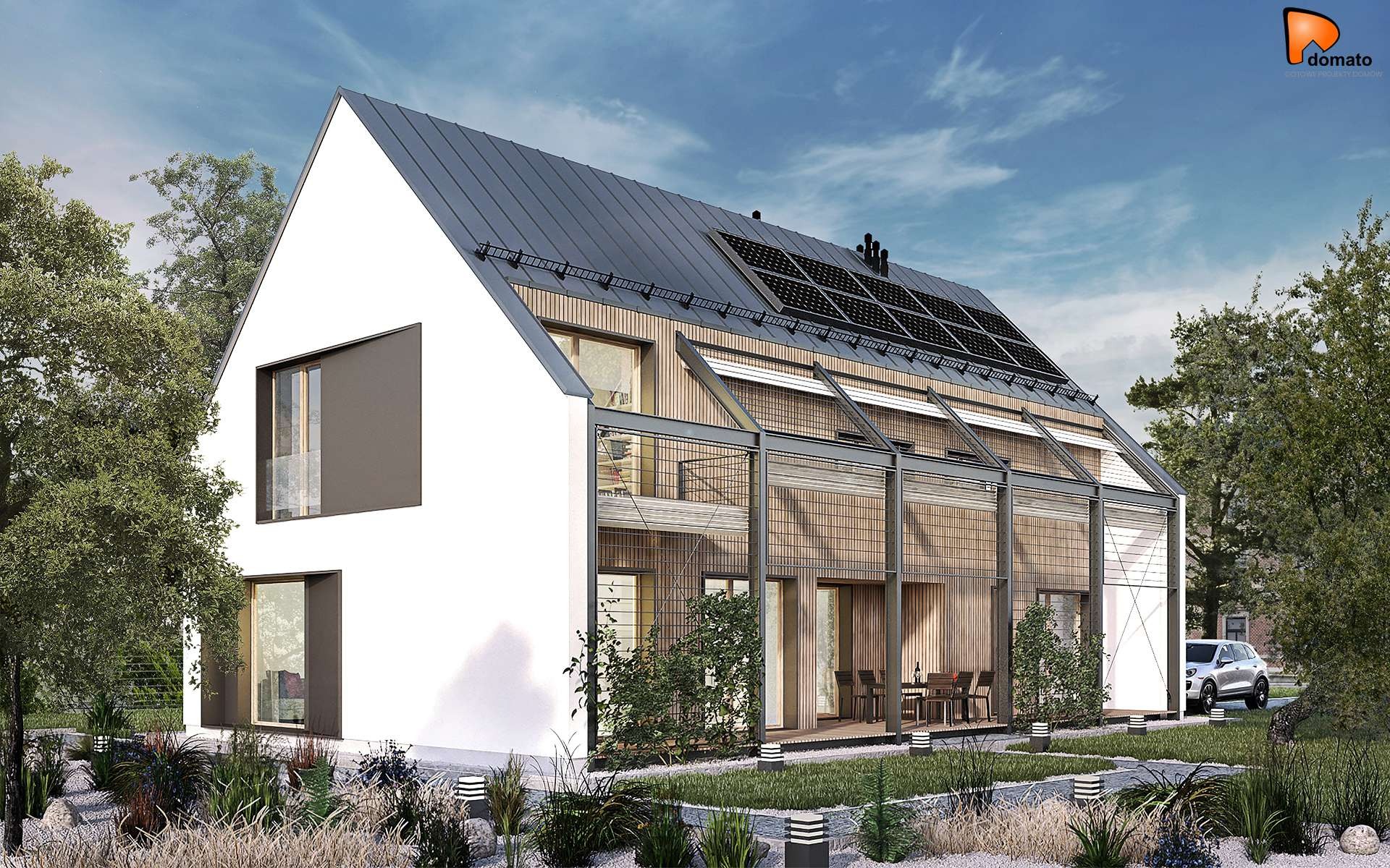 Wizualizacja nowoczesnego domu jednorodzinnego z panelami słonecznymi na dachu, białymi ścianami, drewnianą elewacją i metalową konstrukcją, otoczonego zielenią i niskimi lampami ogrodowymi.