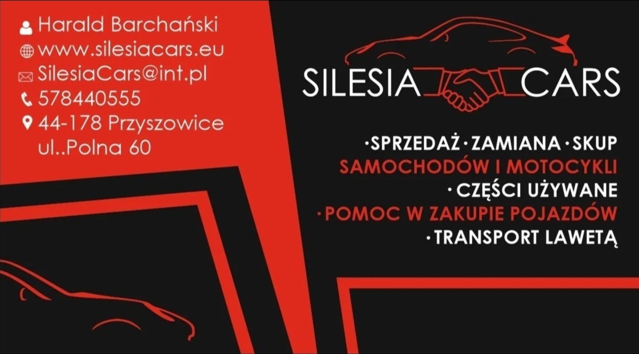 Wizytówka firmy Silesia Cars z czerwono-czarnym tłem, przedstawiająca dane kontaktowe, logo z sylwetką auta i uściskiem dłoni oraz ofertę: sprzedaż, zamiana, skup samochodów i motocykli, części...