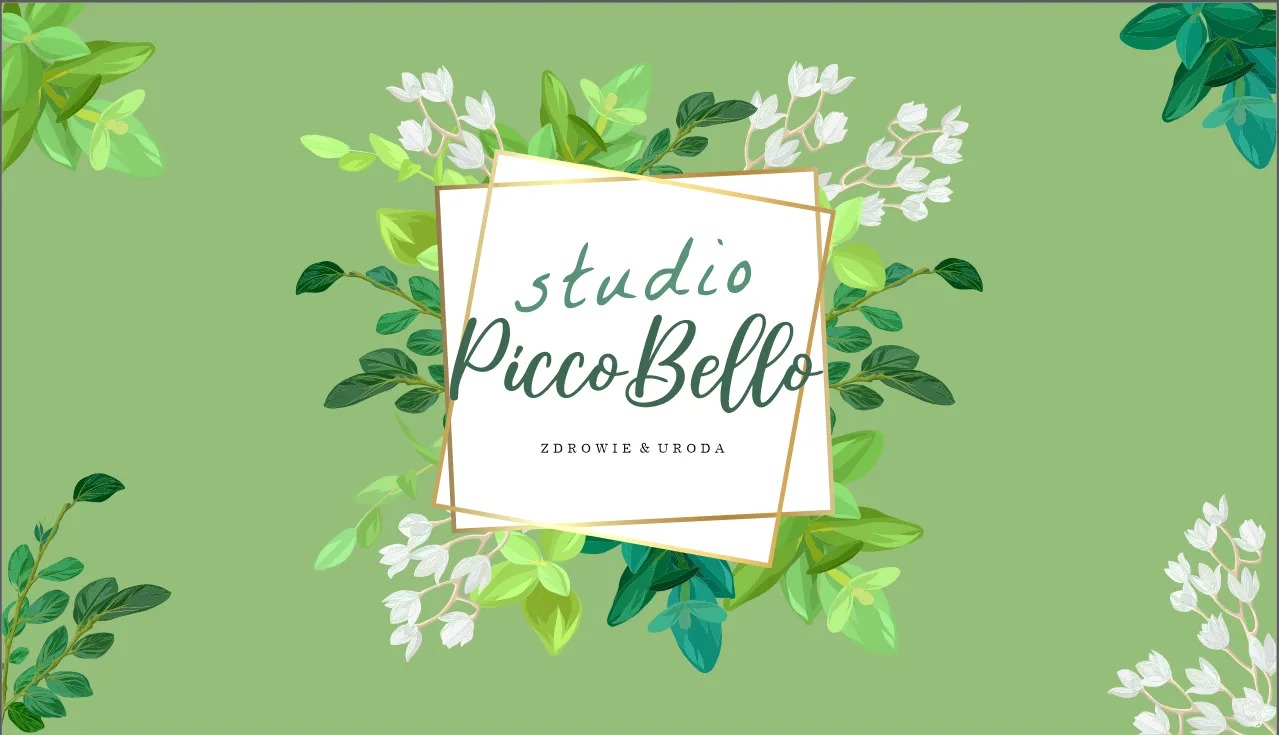 Grafika z nazwą studia 'Picco Bello' w białej ramce otoczonej zielonymi liśćmi i białymi kwiatami na pastelowym, zielonym tle.