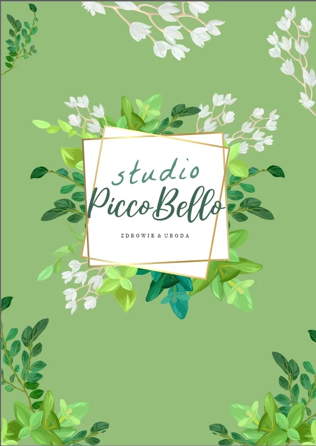 Ilustracja z nazwą studia 'Picco Bello' i dopiskiem 'Zdrowie & Uroda' w złotym obramowaniu, otoczona zielonymi liśćmi i białymi kwiatami na pastelowym, zielonym tle.