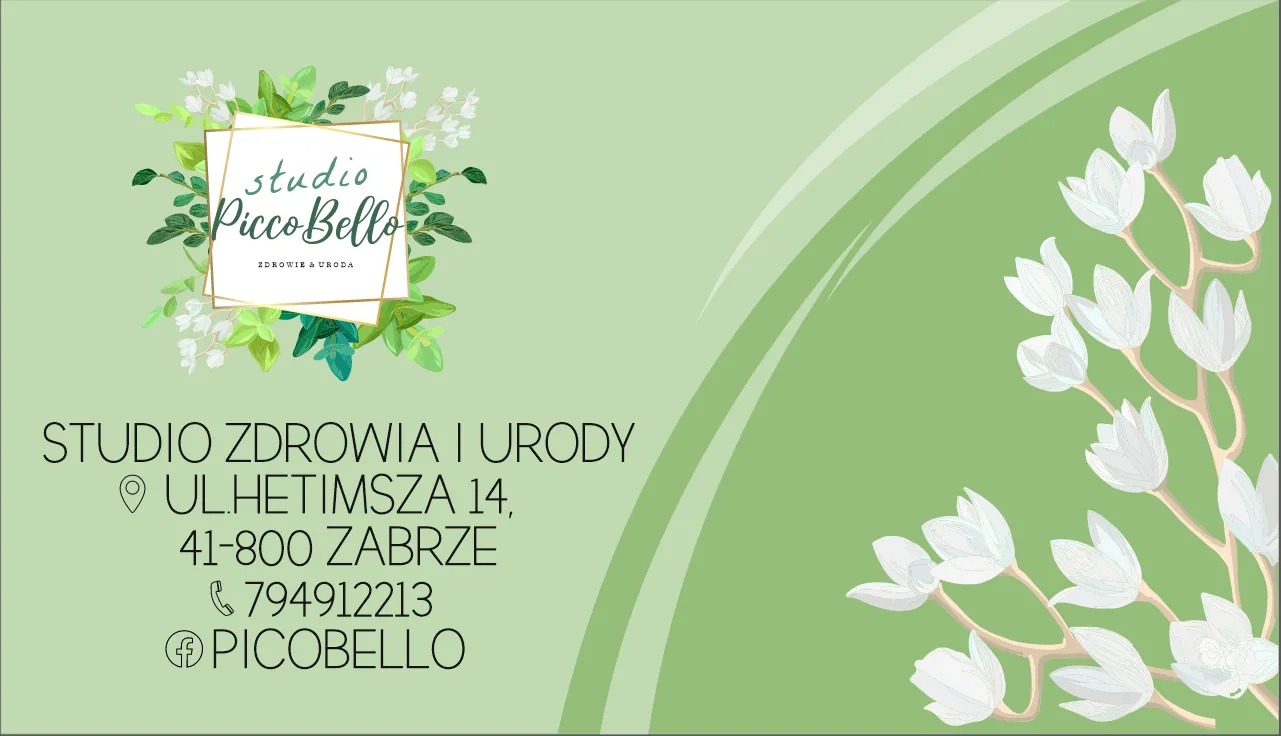 Wizytówka Studio Picco Bello z adresem, numerem telefonu i logo otoczonym roślinami na zielonym tle.