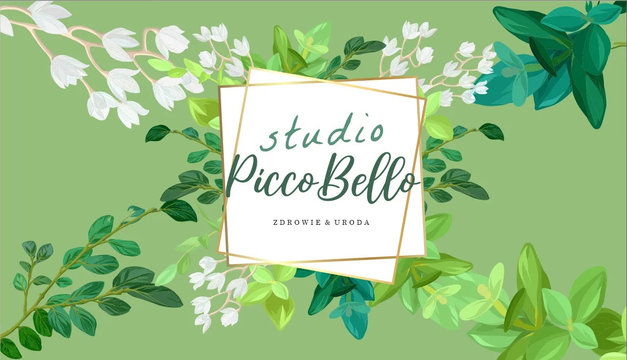 Ilustracja logo studia Picco Bello z motywami roślinnymi na jasnym, zielonym tle.