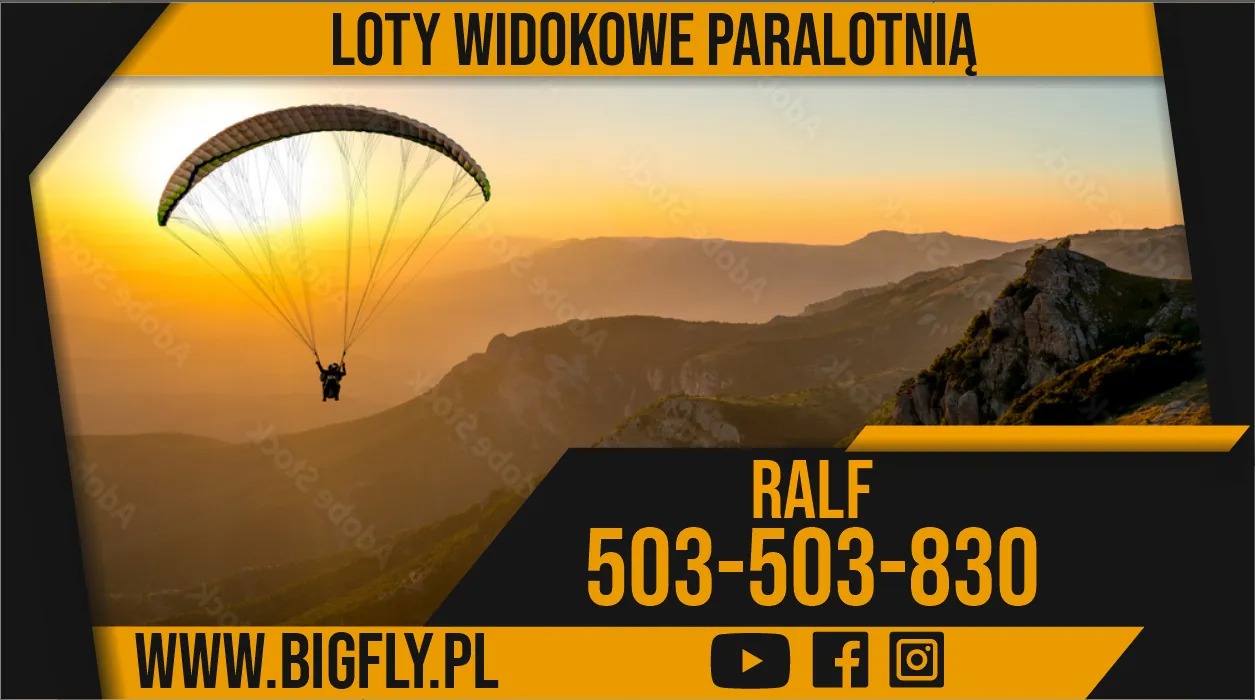 Lot widokowy na paralotni nad górzystym terenem w promieniach zachodzącego słońca, z widocznym numerem telefonu i adresem strony internetowej.