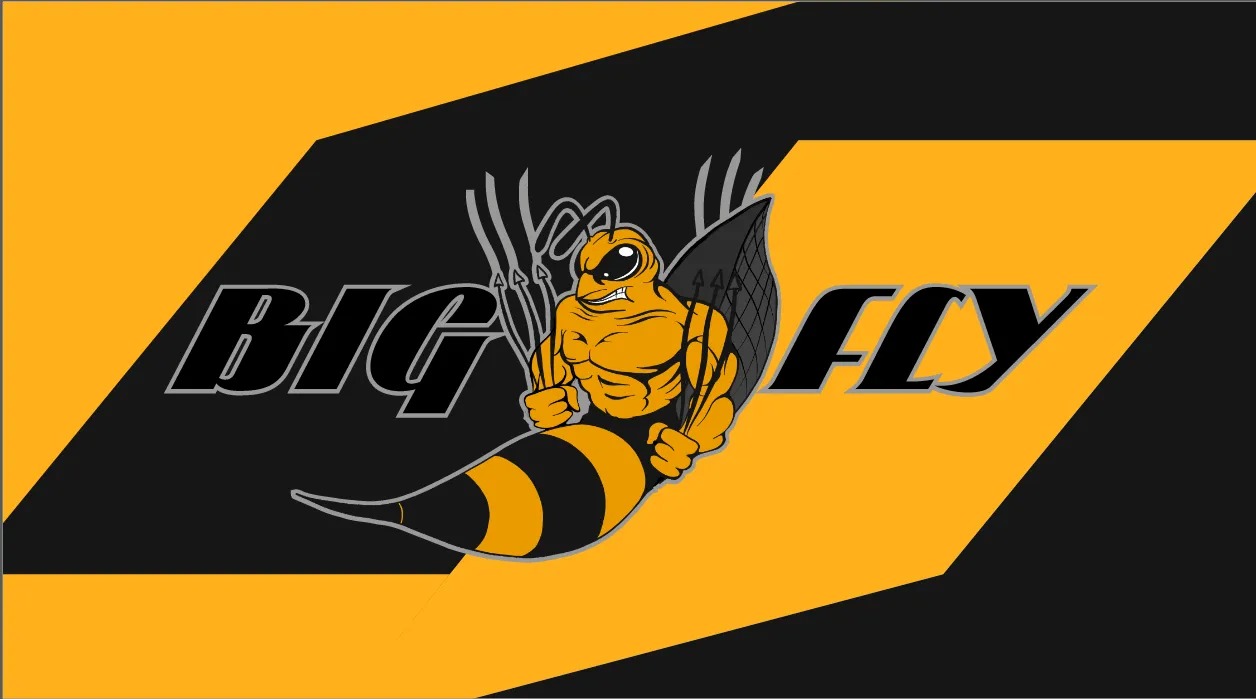 Ilustracja przedstawia stylizowaną, muskularną osę z trójzębami w rękach, umieszczoną na abstrakcyjnym tle w kolorach czarnym i żółtym, z napisem 'BIG FLY'.