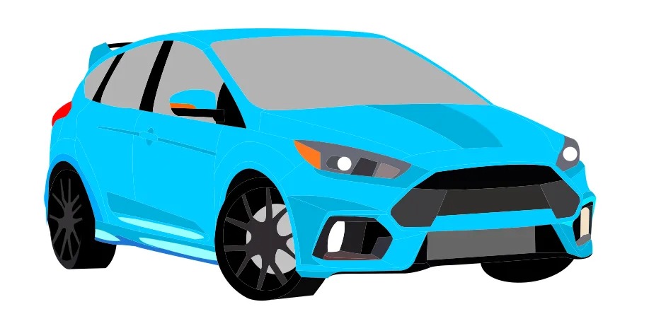 Cyfrowa ilustracja błękitnego samochodu typu hatchback z czarnymi felgami na białym tle.