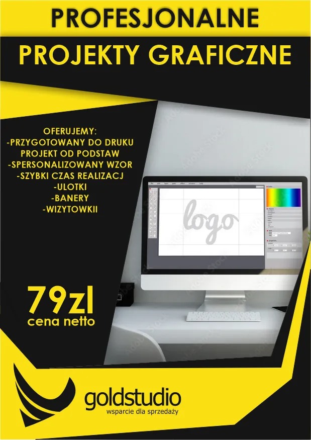 Ekran komputera z otwartym programem graficznym i szkicem logo na białym tle, otoczony tekstem reklamowym o profesjonalnych projektach graficznych i ofercie cenowej 79 zł netto.