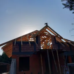 Budowa domu jednorodzinnego: surowa konstrukcja dachu z drewnianą więźbą, widoczne ceglane ściany i otwory okienne, na szczycie dachu gałązka, tło stanowi błękitne niebo i fragment drzewa.