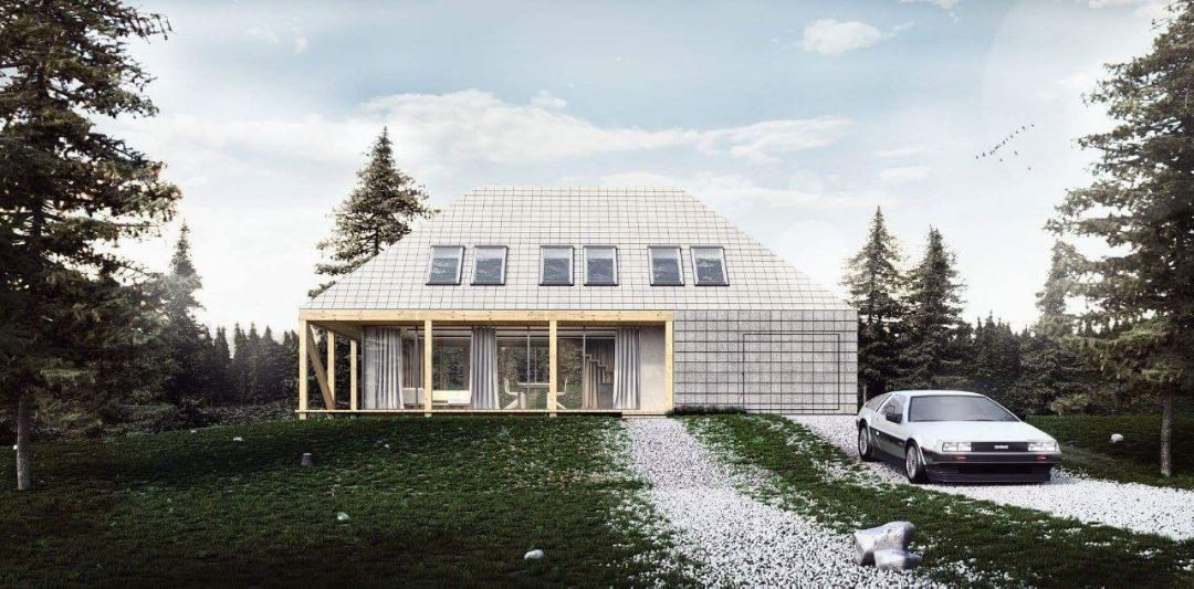 Wizualizacja nowoczesnego domu z elewacją z szarej dachówki, drewnianym tarasem i trzema oknami dachowymi, otoczonego lasem, z białym samochodem Delorean zaparkowanym na żwirowym podjeździe.