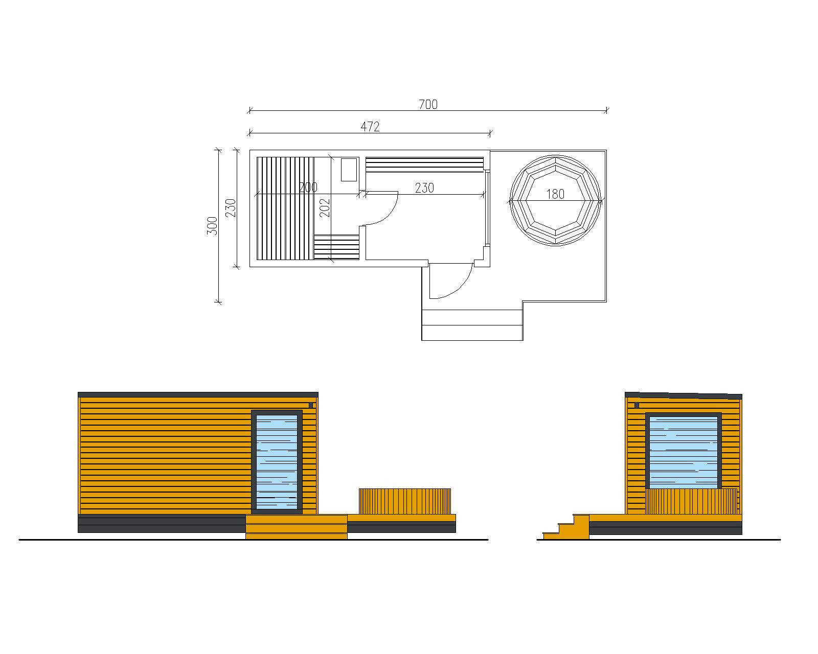 Rzut i dwa widoki boczne sauny z jacuzzi na zewnątrz, z wymiarami.