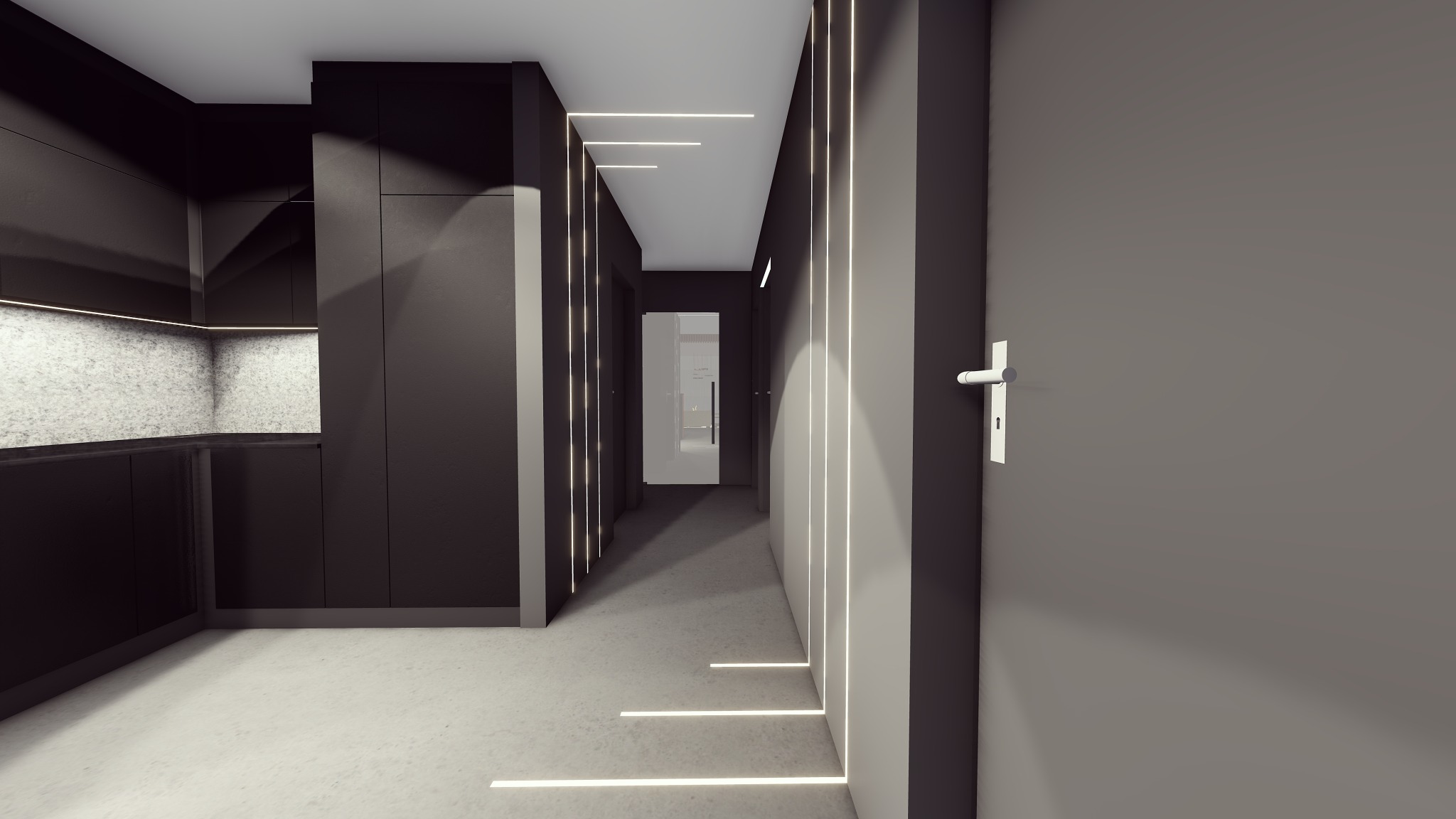 Nowoczesny korytarz z minimalistycznym oświetleniem LED w podłodze i na ścianach, prowadzący do kuchni z ciemnymi szafkami i jasnym blatem.