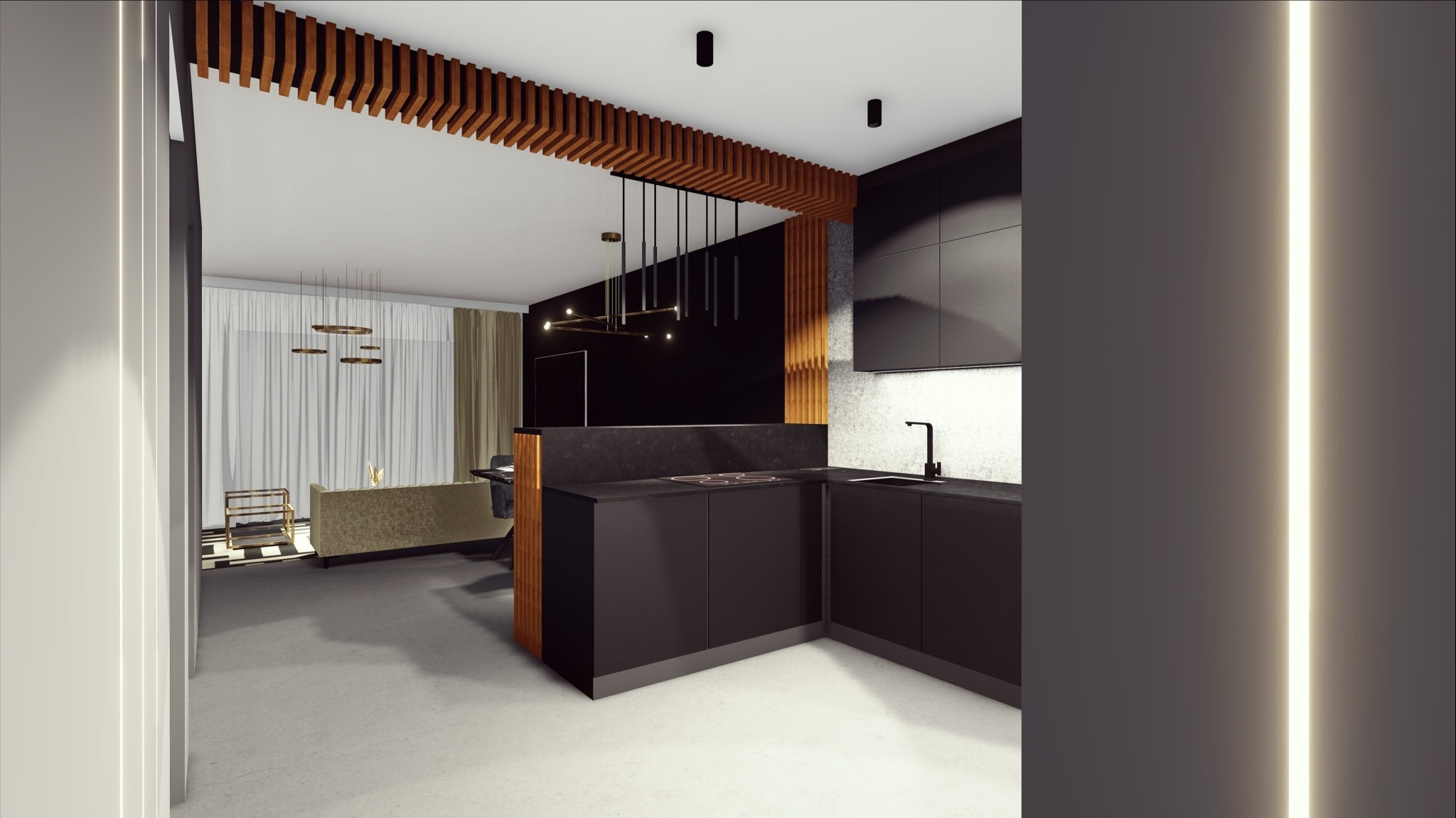 Wizualizacja nowoczesnego wnętrza z otwartą kuchnią w czerni, drewniane akcenty na suficie i ścianie, minimalistyczne oświetlenie, widok na salon z beżową sofą i geometrycznym dywanem.
