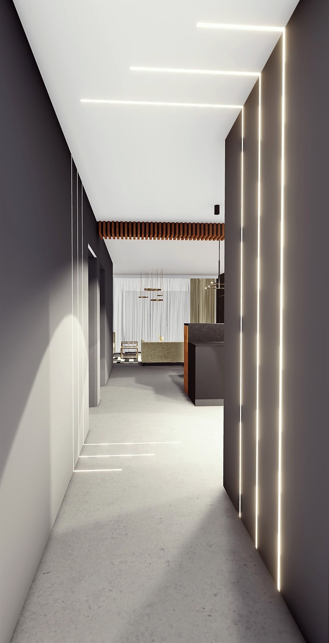 Nowoczesny korytarz z podłużnymi lampami LED w ścianach i suficie, prowadzący do salonu z sofą i drewnianymi elementami dekoracyjnymi.