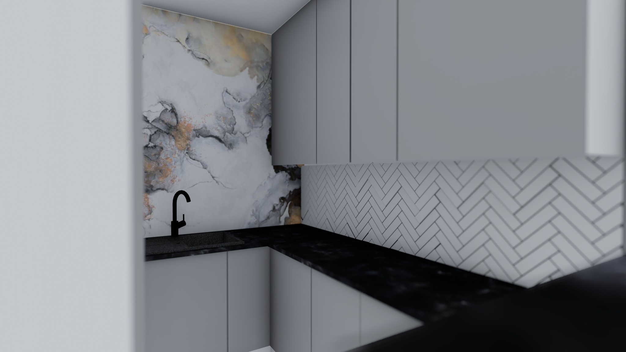 Wizualizacja fragmentu kuchni z szarymi szafkami, czarnym blatem, marmurową tapetą i białymi płytkami ułożonymi w jodełkę.