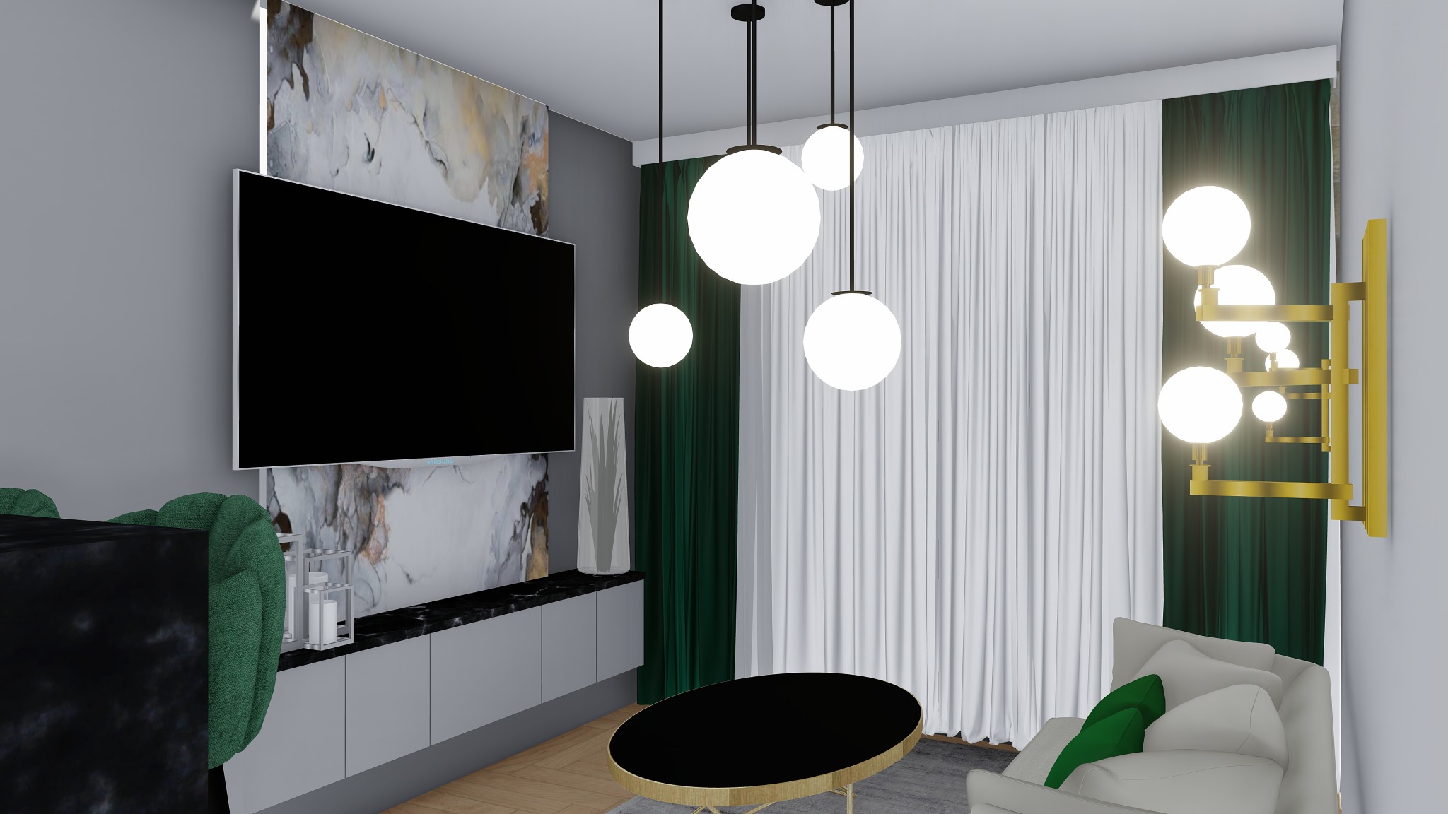Wizualizacja salonu z telewizorem na ścianie z marmurowym wzorem, szarymi szafkami, czarnym stolikiem kawowym, białymi zasłonami i zielonymi akcentami kolorystycznymi.